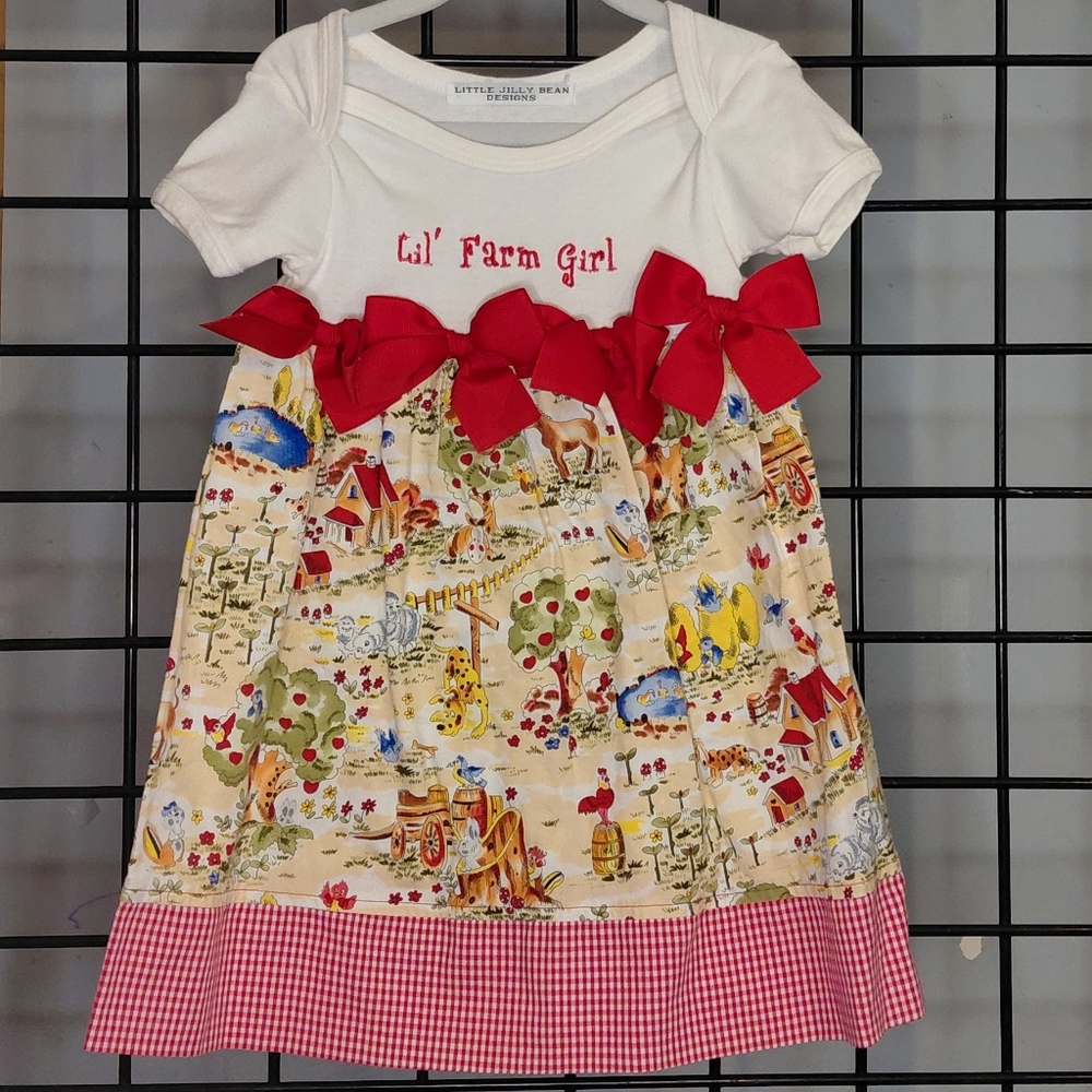 Kids Farm Theme Dress with Red Bows
